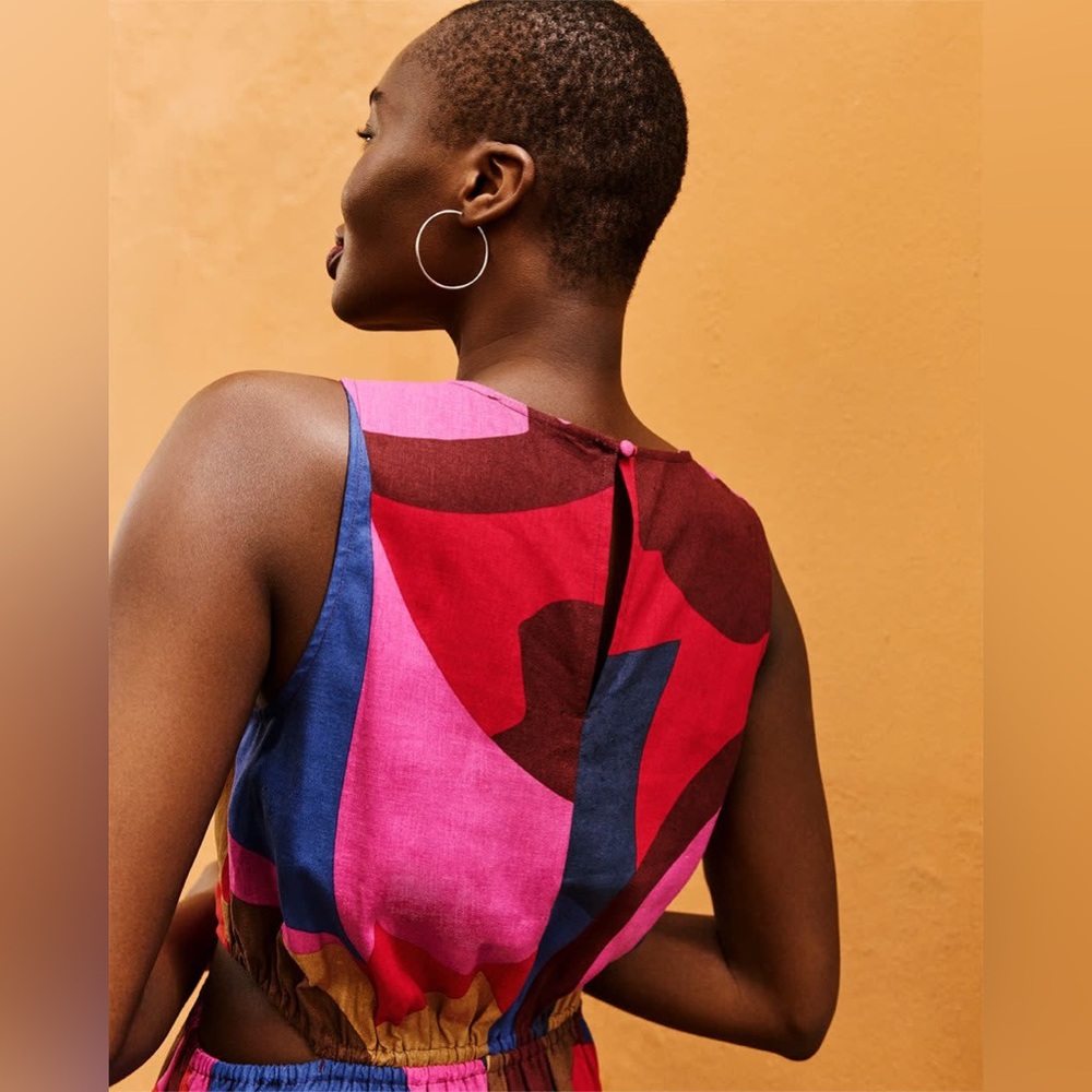 Sleeveless Linen cut out Midi Dress - multi summer print L - Picture 5 of 9